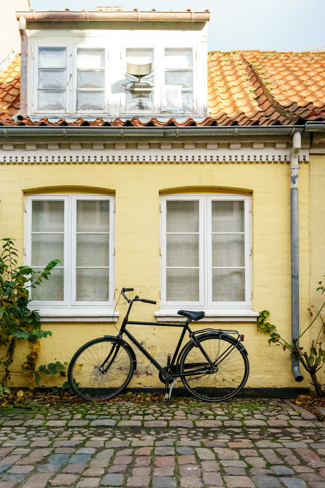Elderly Danish man riding a bicycle on a cobbled street